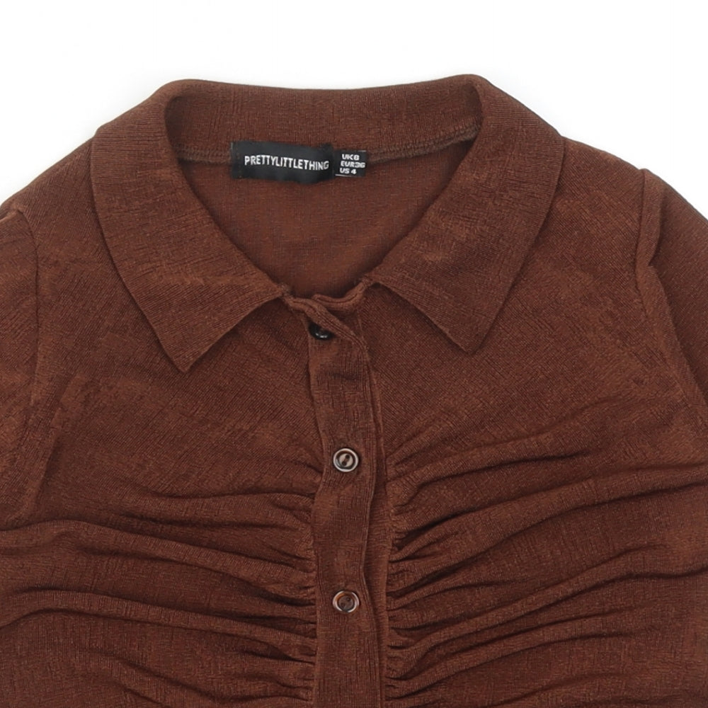 PRETTYLITTLETHING Womens Brown Polyester Cropped Button-Up Size 8 V-Neck