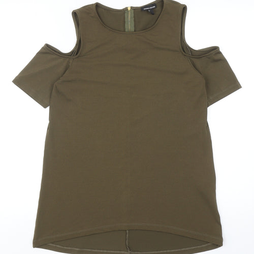 Warehouse Womens Green Polyester Basic T-Shirt Size 10 Round Neck - Cold Shoulder