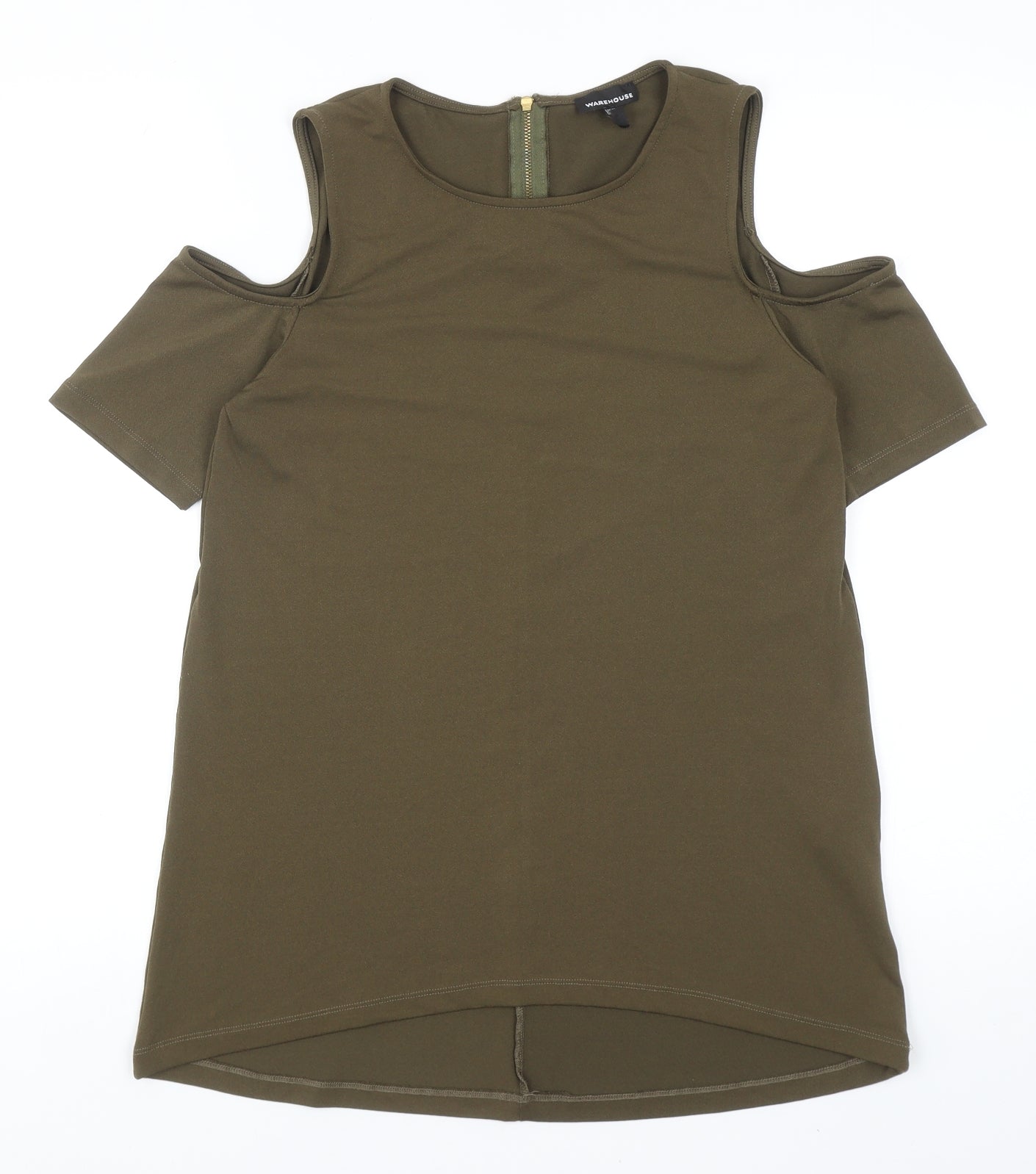 Warehouse Womens Green Polyester Basic T-Shirt Size 10 Round Neck - Cold Shoulder