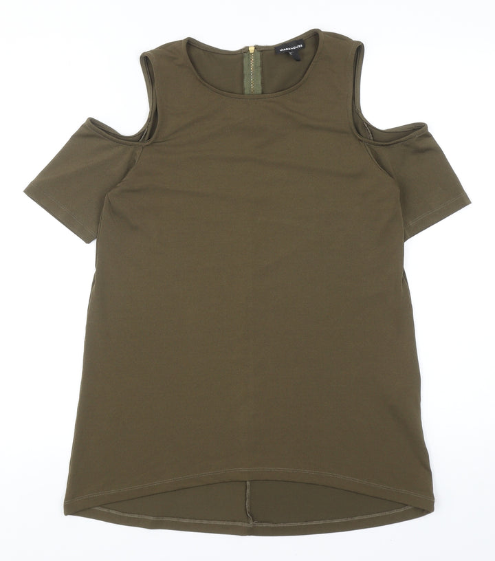 Warehouse Womens Green Polyester Basic T-Shirt Size 10 Round Neck - Cold Shoulder