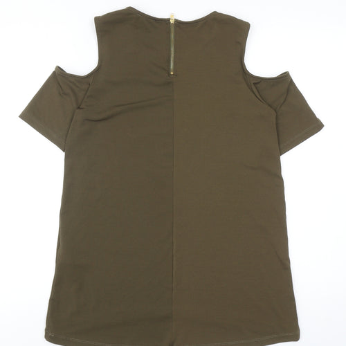 Warehouse Womens Green Polyester Basic T-Shirt Size 10 Round Neck - Cold Shoulder