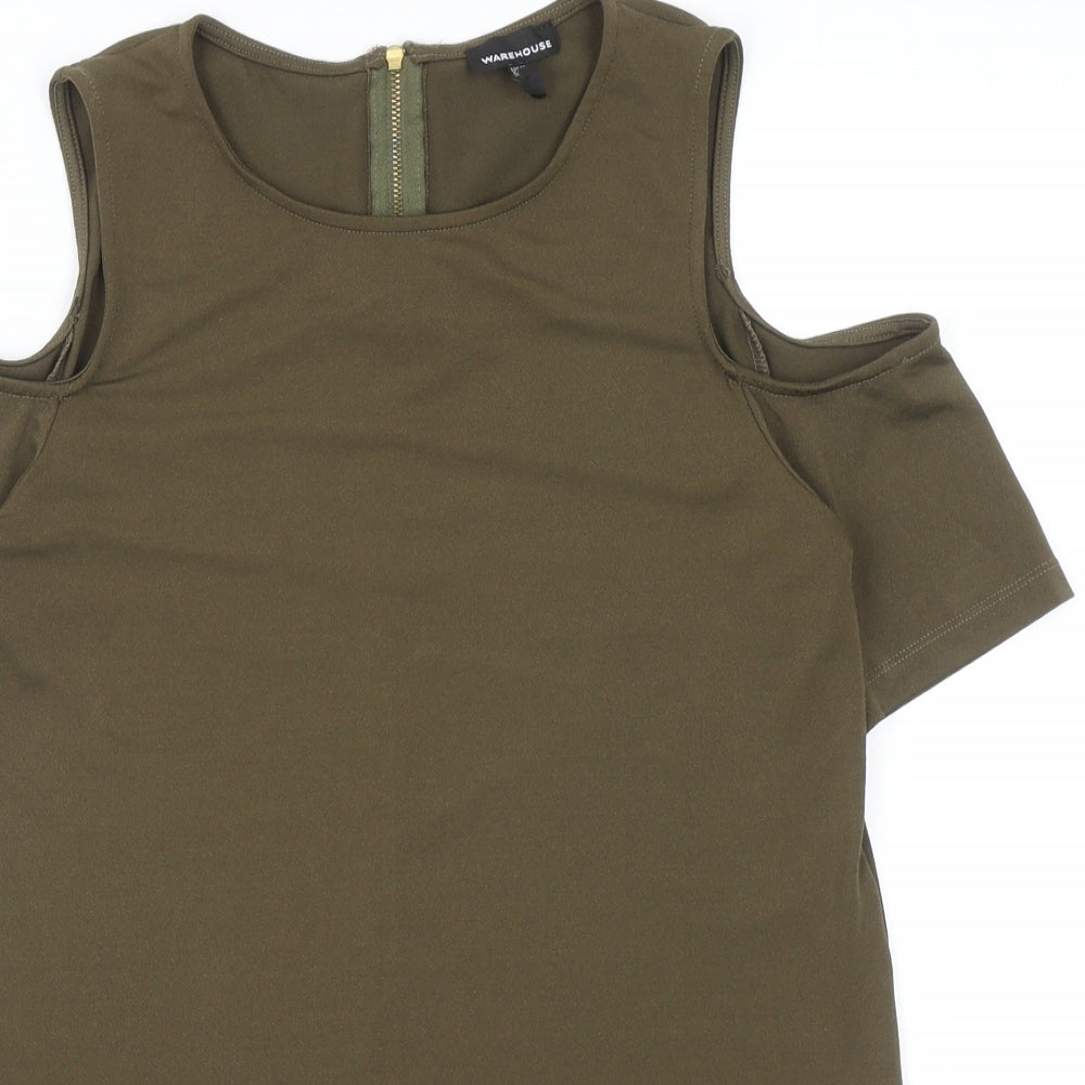 Warehouse Womens Green Polyester Basic T-Shirt Size 10 Round Neck - Cold Shoulder