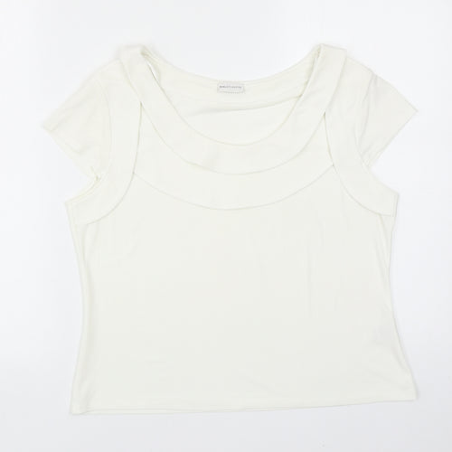 Minuet Womens Ivory Polyester Basic T-Shirt Size 14 Round Neck