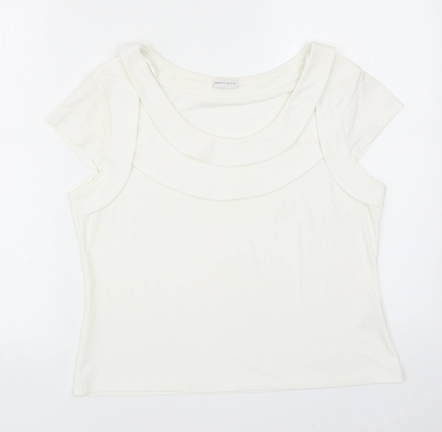 Minuet Womens Ivory Polyester Basic T-Shirt Size 14 Round Neck