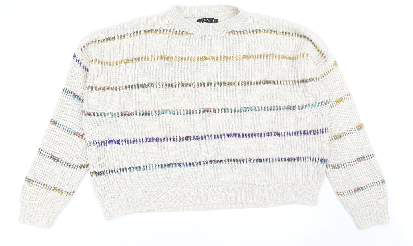Yida Womens Beige Round Neck Striped Acrylic Pullover Jumper Size L