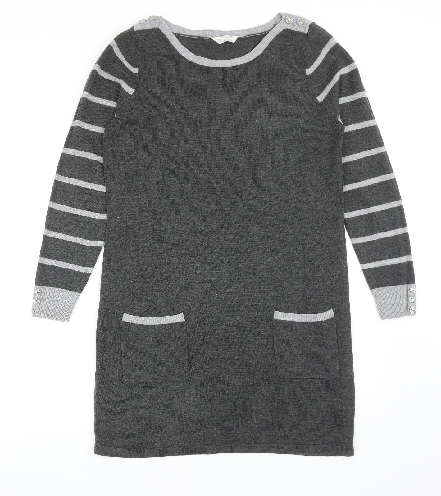 BHS Womens Grey Striped Acrylic Jumper Dress Size 12 Round Neck Pullover