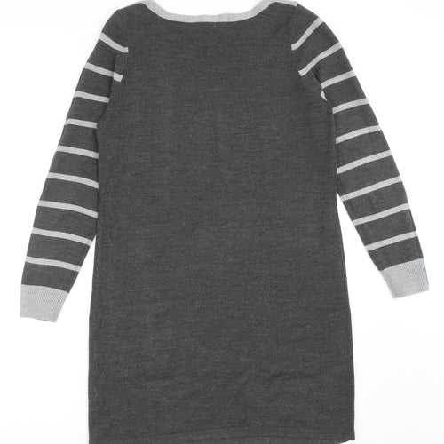 BHS Womens Grey Striped Acrylic Jumper Dress Size 12 Round Neck Pullover
