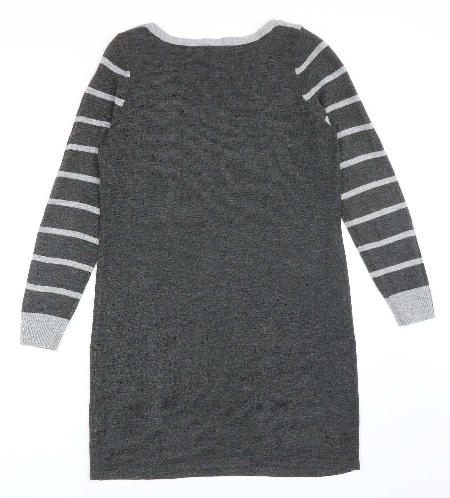 BHS Womens Grey Striped Acrylic Jumper Dress Size 12 Round Neck Pullover