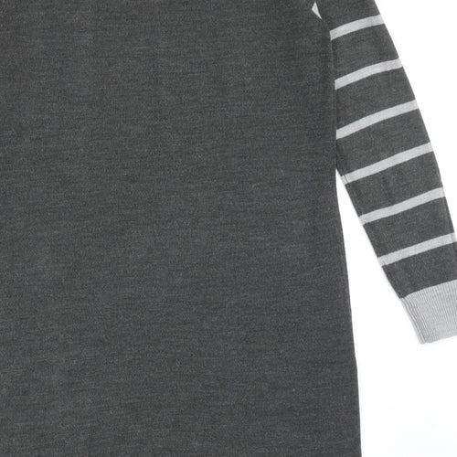 BHS Womens Grey Striped Acrylic Jumper Dress Size 12 Round Neck Pullover