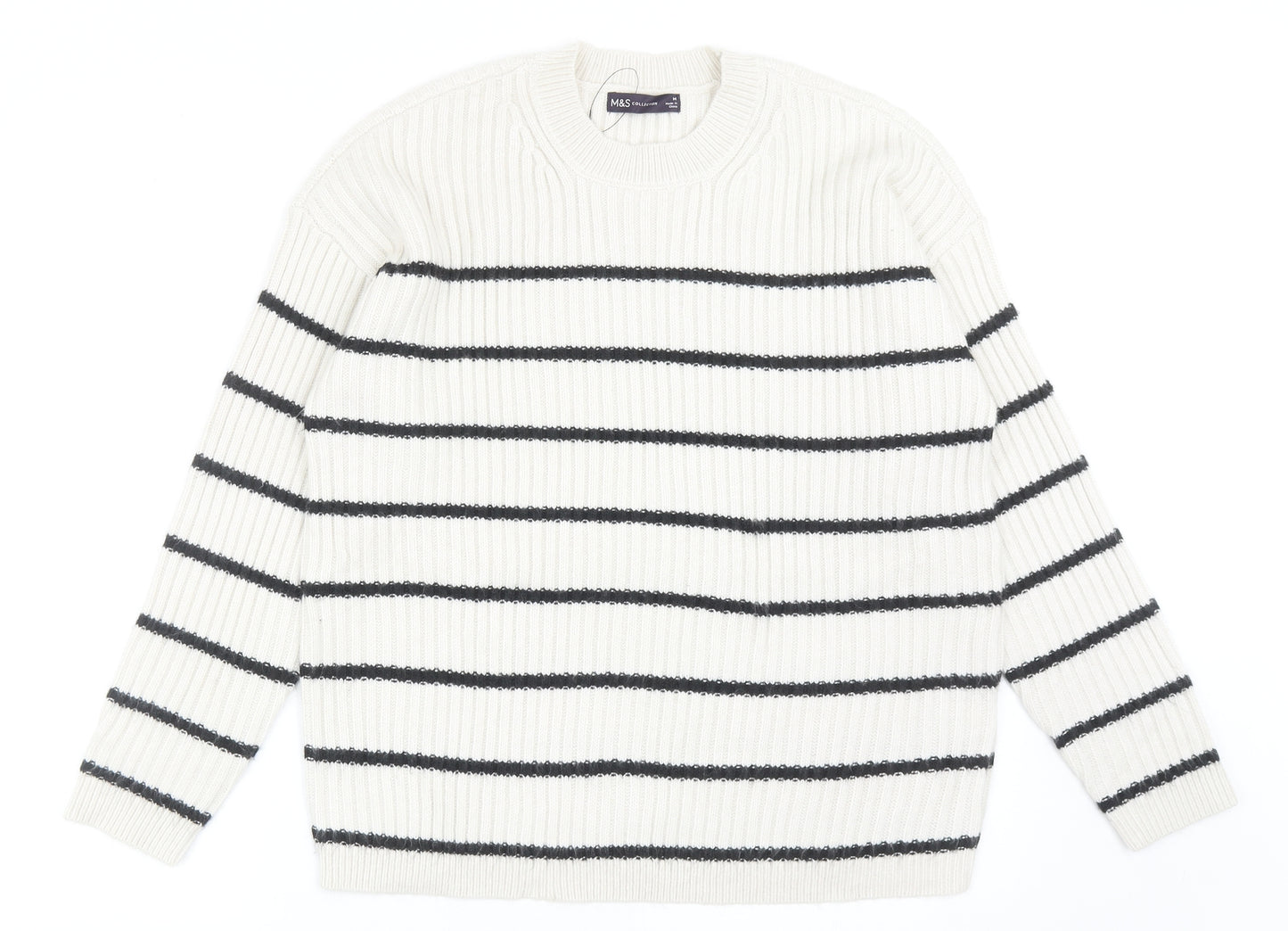 Marks and Spencer Womens Grey Round Neck Striped Polyester Pullover Jumper Size M