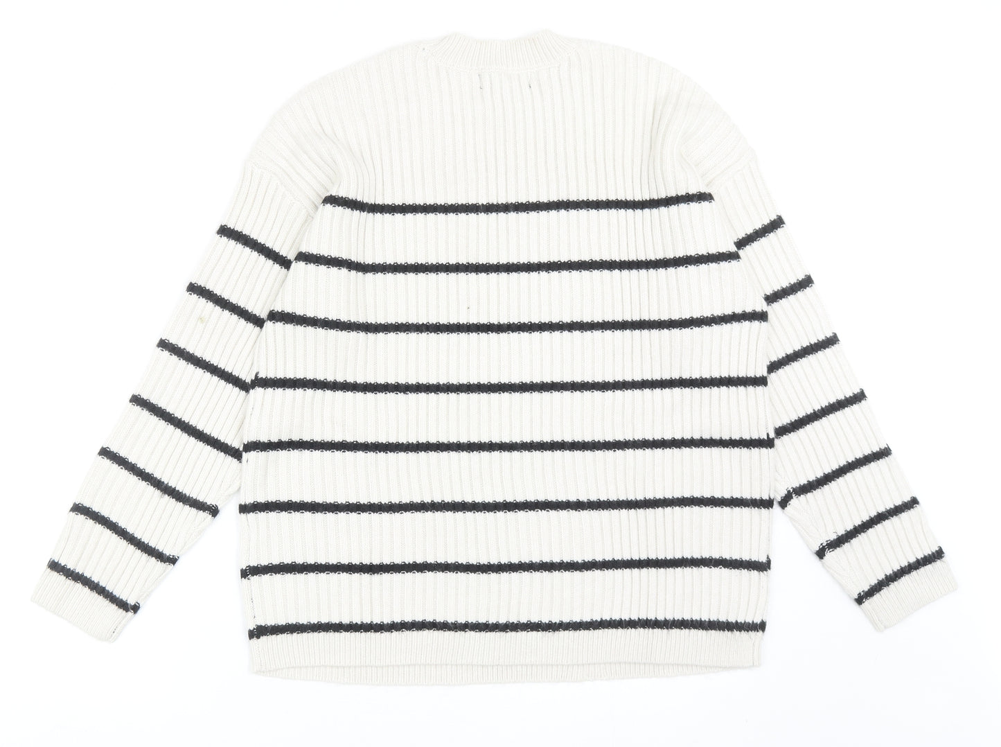 Marks and Spencer Womens Grey Round Neck Striped Polyester Pullover Jumper Size M
