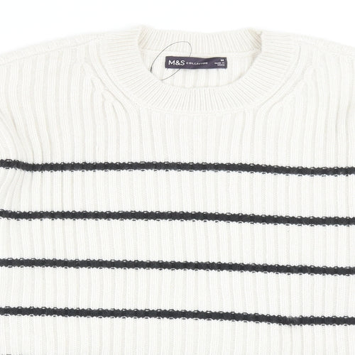 Marks and Spencer Womens Grey Round Neck Striped Polyester Pullover Jumper Size M