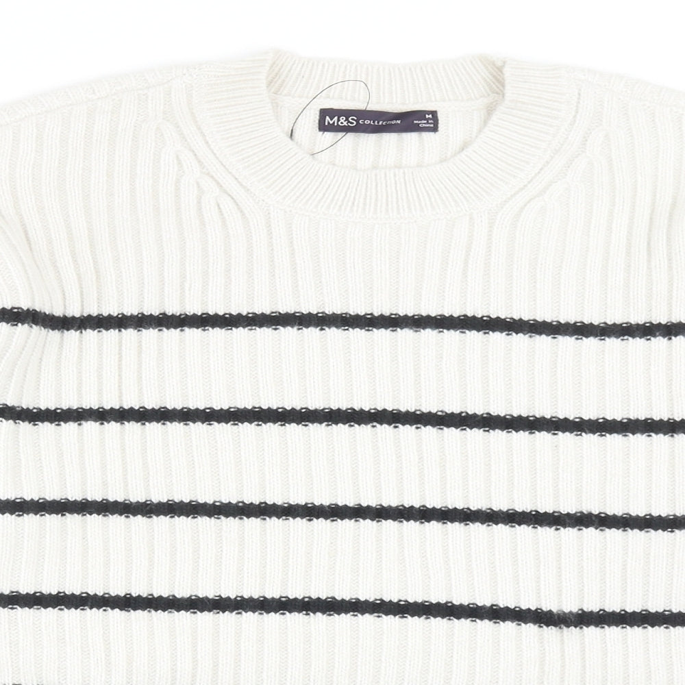 Marks and Spencer Womens Grey Round Neck Striped Polyester Pullover Jumper Size M