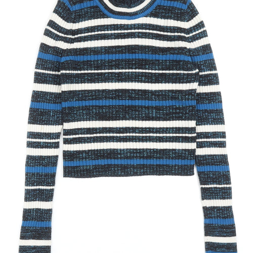 Marks and Spencer Womens Blue Round Neck Striped Cotton Pullover Jumper Size 8