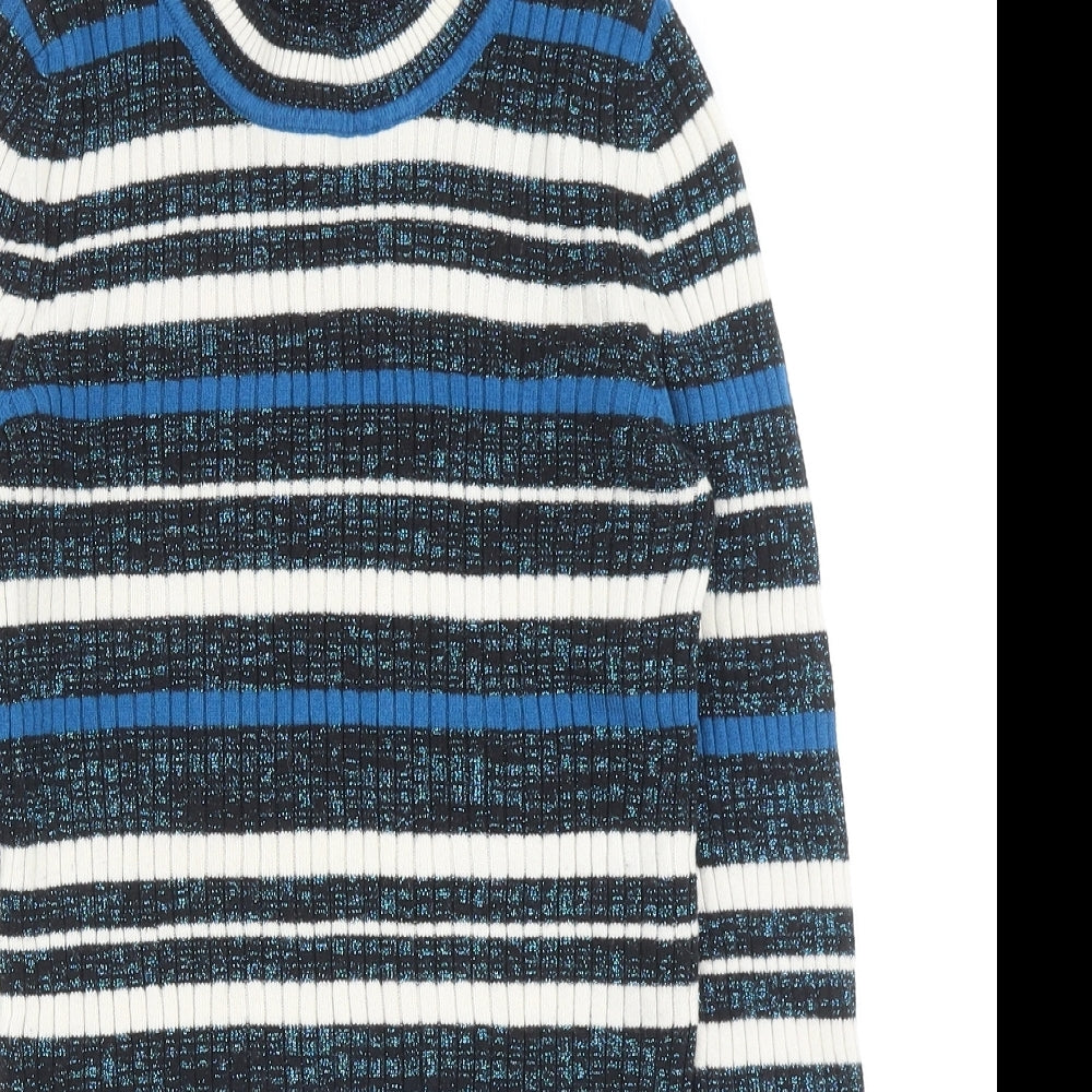 Marks and Spencer Womens Blue Round Neck Striped Cotton Pullover Jumper Size 8
