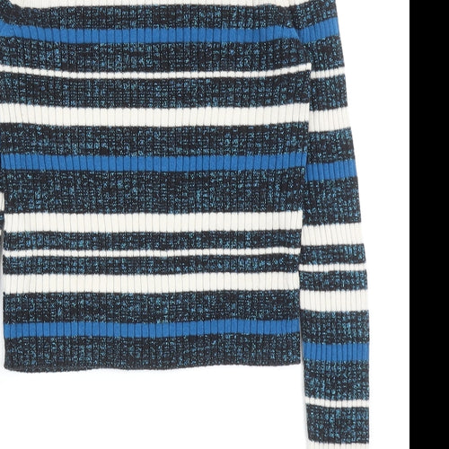 Marks and Spencer Womens Blue Round Neck Striped Cotton Pullover Jumper Size 8