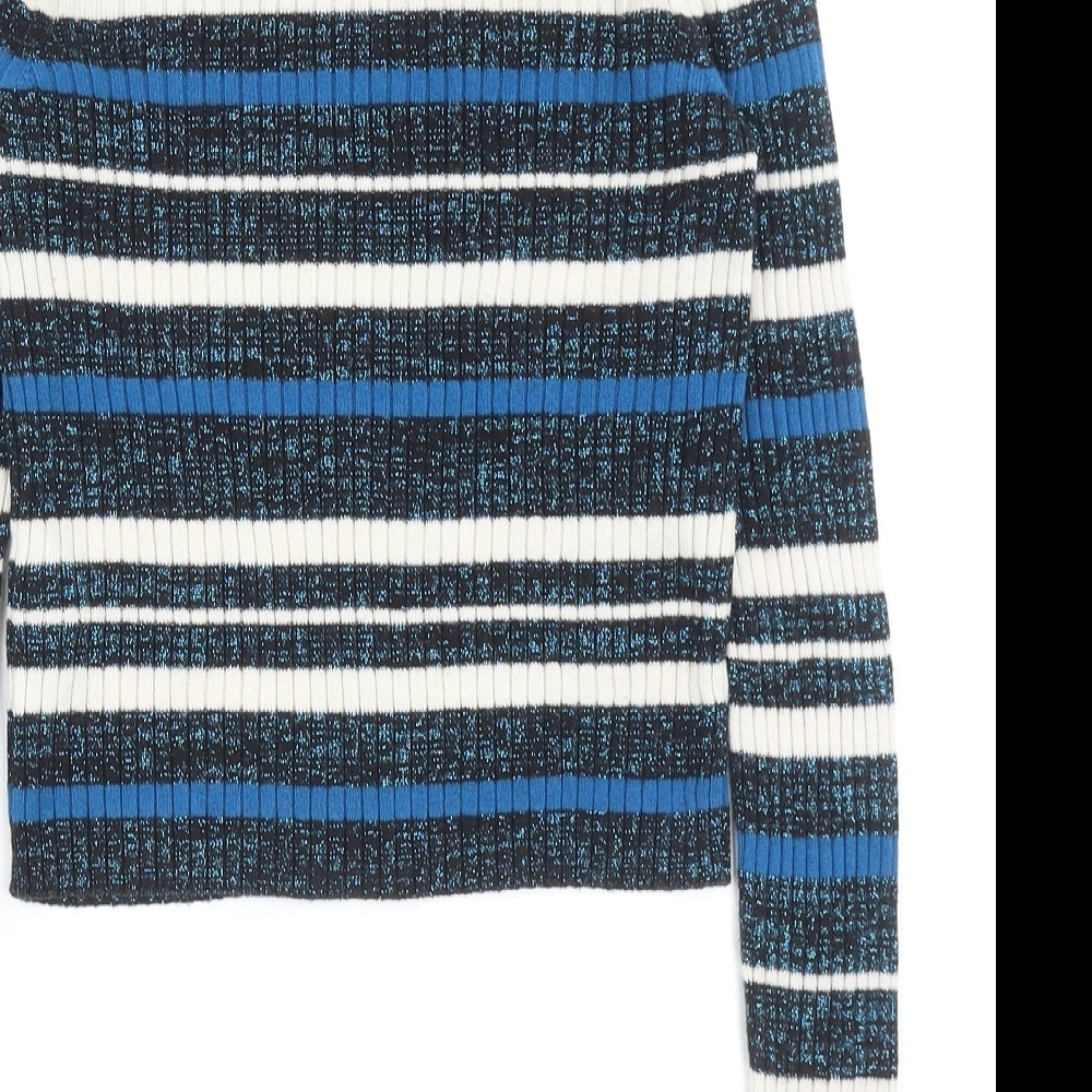 Marks and Spencer Womens Blue Round Neck Striped Cotton Pullover Jumper Size 8