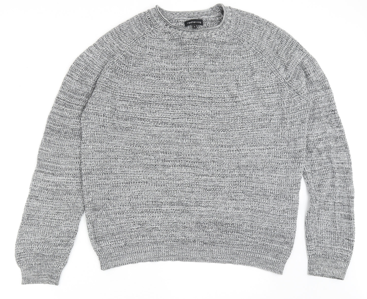 Red Herring Mens Grey Round Neck Cotton Pullover Jumper Size L Long Sleeve