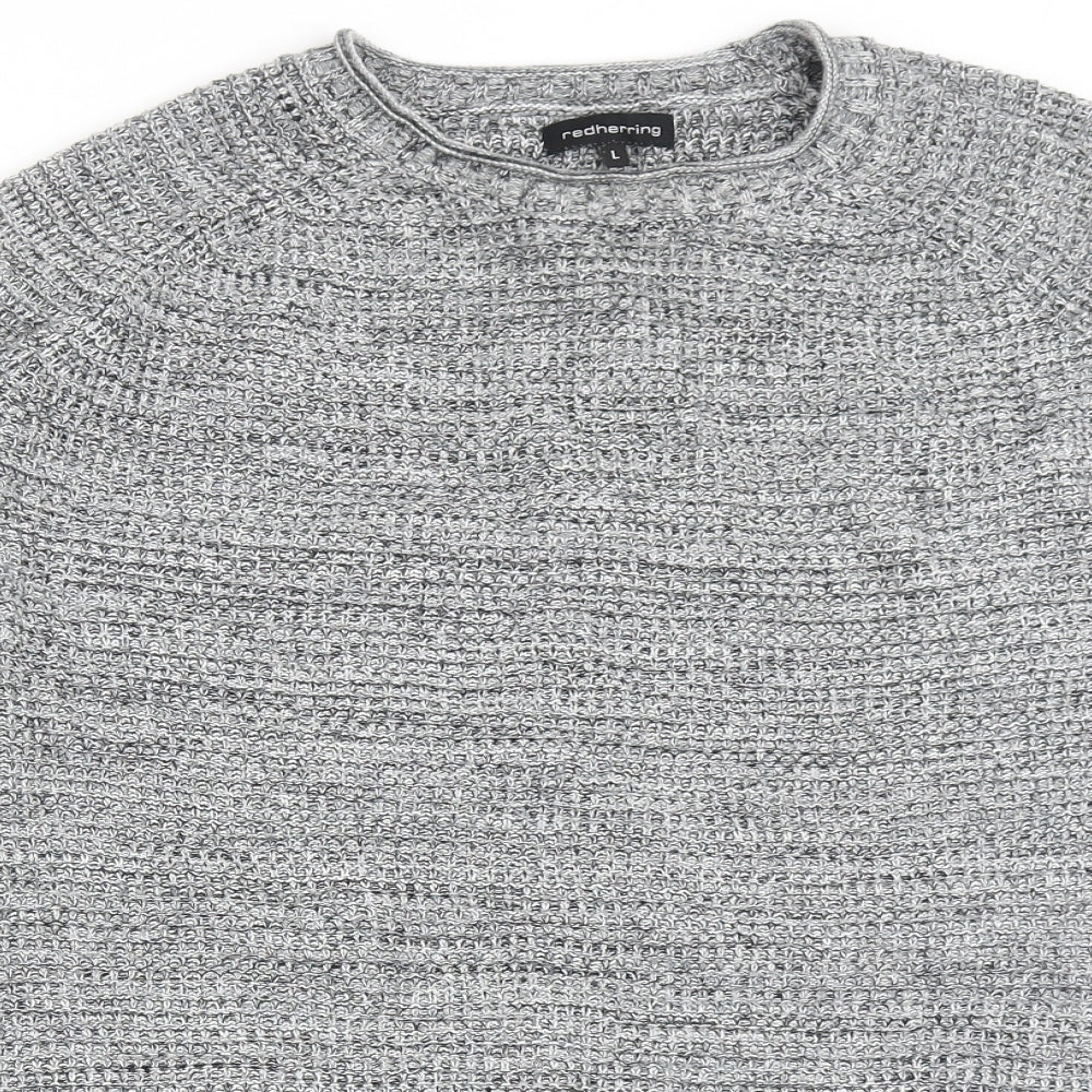 Red Herring Mens Grey Round Neck Cotton Pullover Jumper Size L Long Sleeve