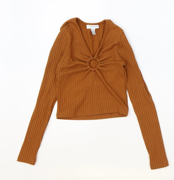 Topshop Womens Orange Polyester Basic T-Shirt Size 4XL V-Neck - Ring Detail