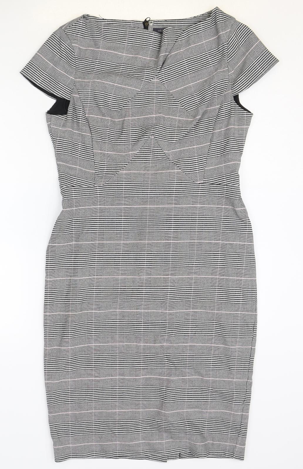 Marks and Spencer Womens Grey Plaid Polyester Pencil Dress Size 12 Boat Neck Zip
