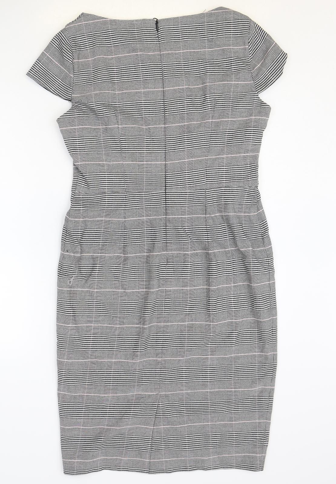 Marks and Spencer Womens Grey Plaid Polyester Pencil Dress Size 12 Boat Neck Zip