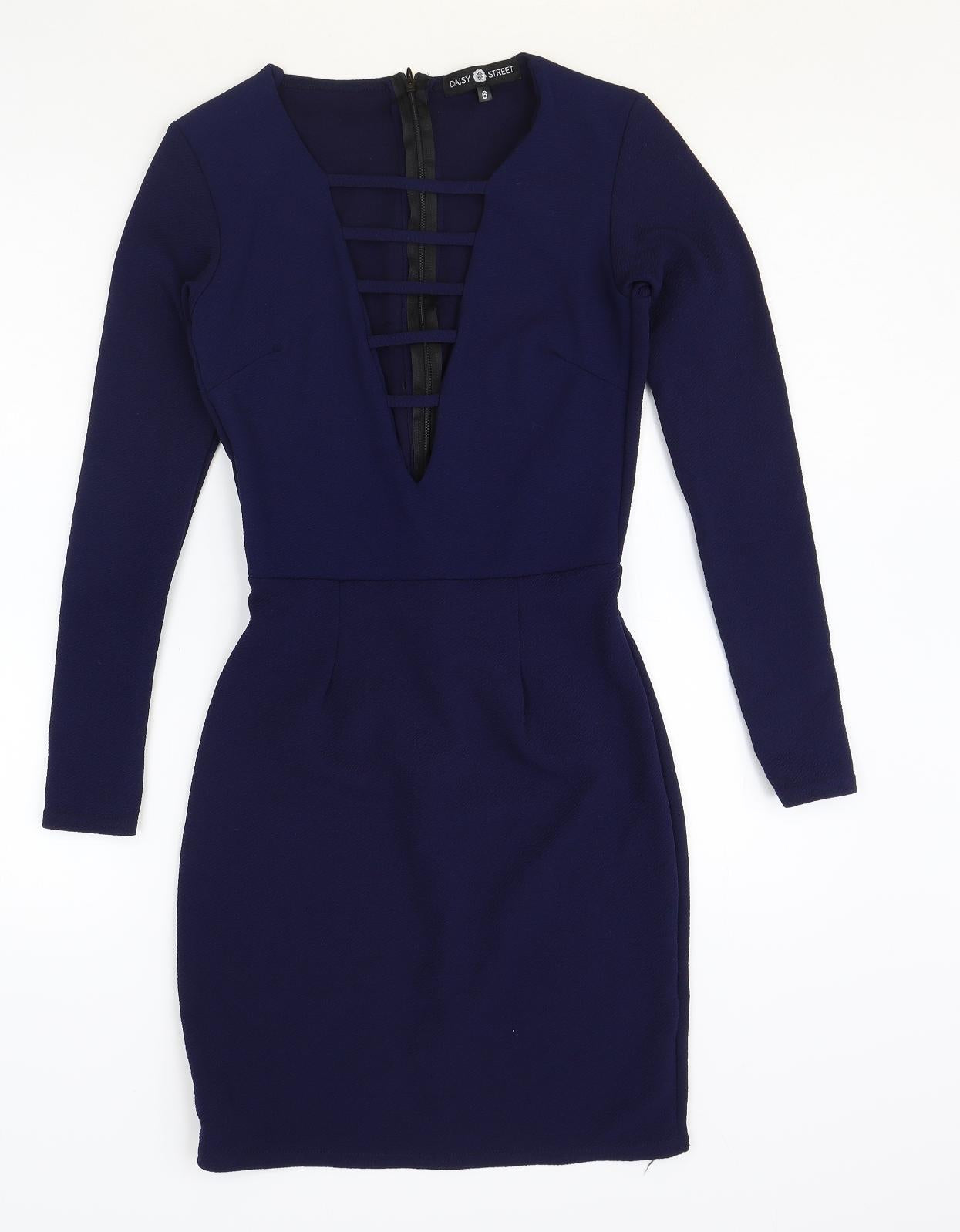 Daisy Street Womens Blue Polyester Bodycon Size 6 V-Neck Zip