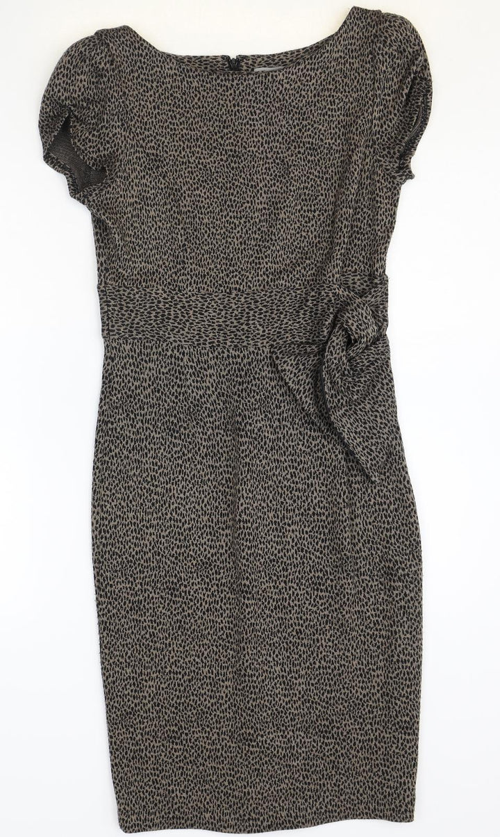 Marks and Spencer Womens Brown Animal Print Acrylic Pencil Dress Size 10 Boat Neck Zip - Leopard Print