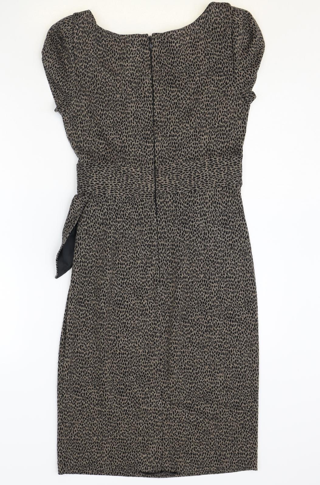 Marks and Spencer Womens Brown Animal Print Acrylic Pencil Dress Size 10 Boat Neck Zip - Leopard Print