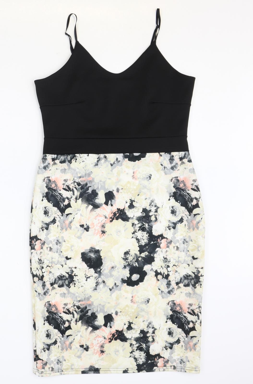 Quiz Womens Black Floral Polyester Bodycon Size 14 V-Neck Pullover