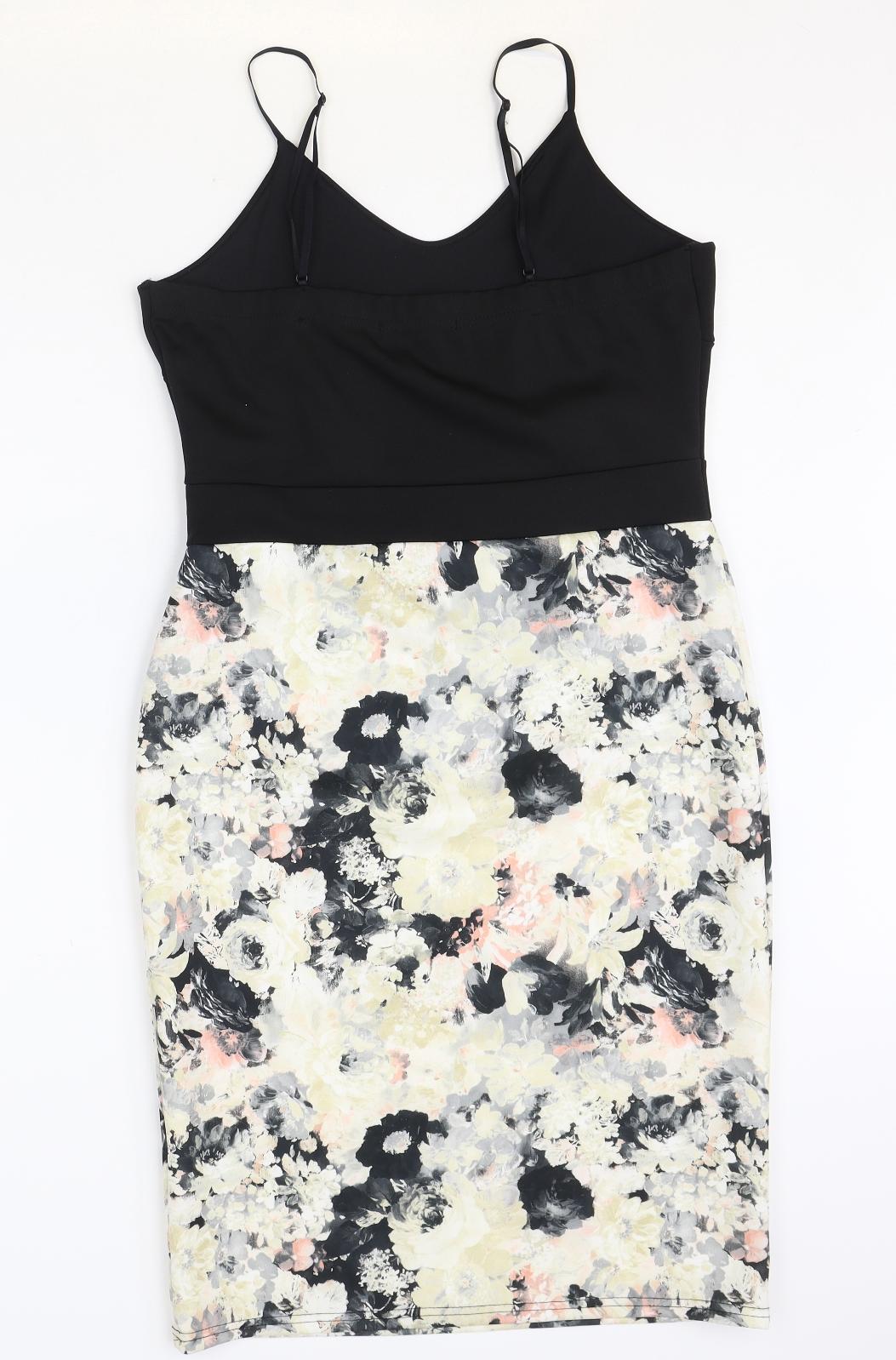 Quiz Womens Black Floral Polyester Bodycon Size 14 V-Neck Pullover