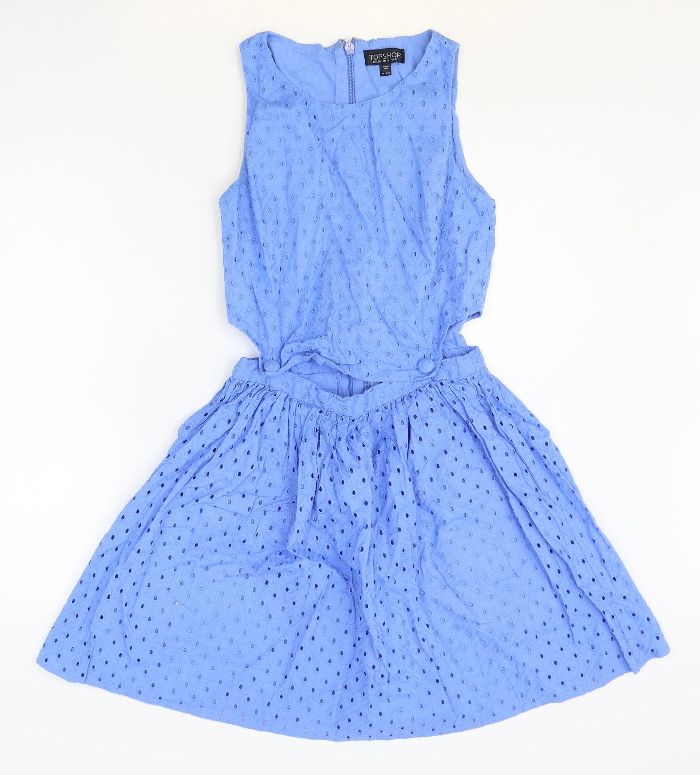 Topshop Womens Blue 100% Cotton Fit & Flare Size 8 Scoop Neck Zip - Broderie Anglaise