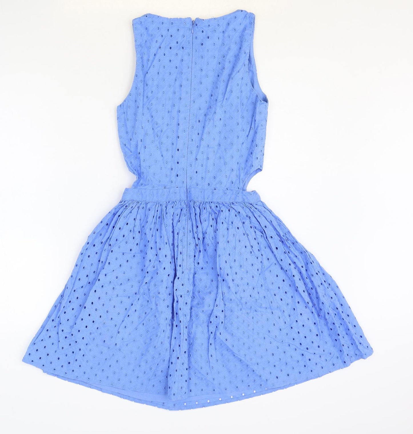 Topshop Womens Blue 100% Cotton Fit & Flare Size 8 Scoop Neck Zip - Broderie Anglaise