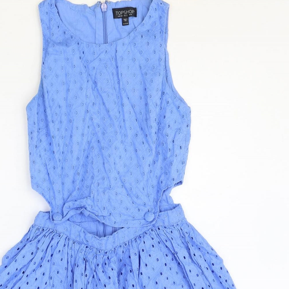Topshop Womens Blue 100% Cotton Fit & Flare Size 8 Scoop Neck Zip - Broderie Anglaise