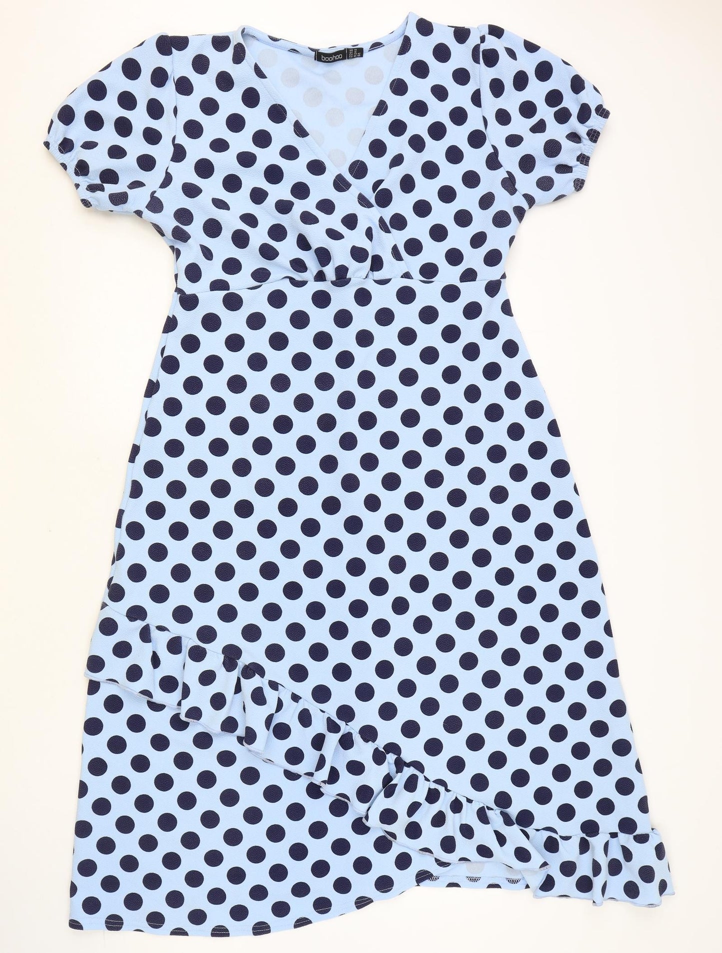 Boohoo Womens Blue Polka Dot Polyester A-Line Size 14 V-Neck Pullover