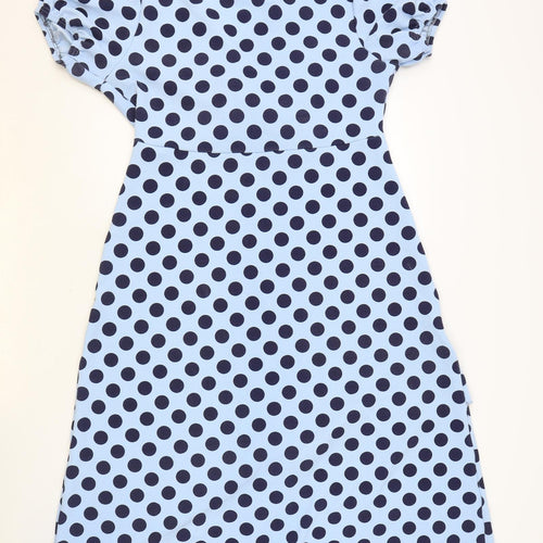 Boohoo Womens Blue Polka Dot Polyester A-Line Size 14 V-Neck Pullover