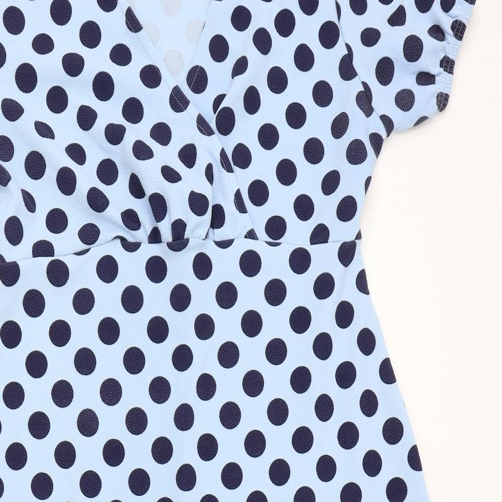 Boohoo Womens Blue Polka Dot Polyester A-Line Size 14 V-Neck Pullover