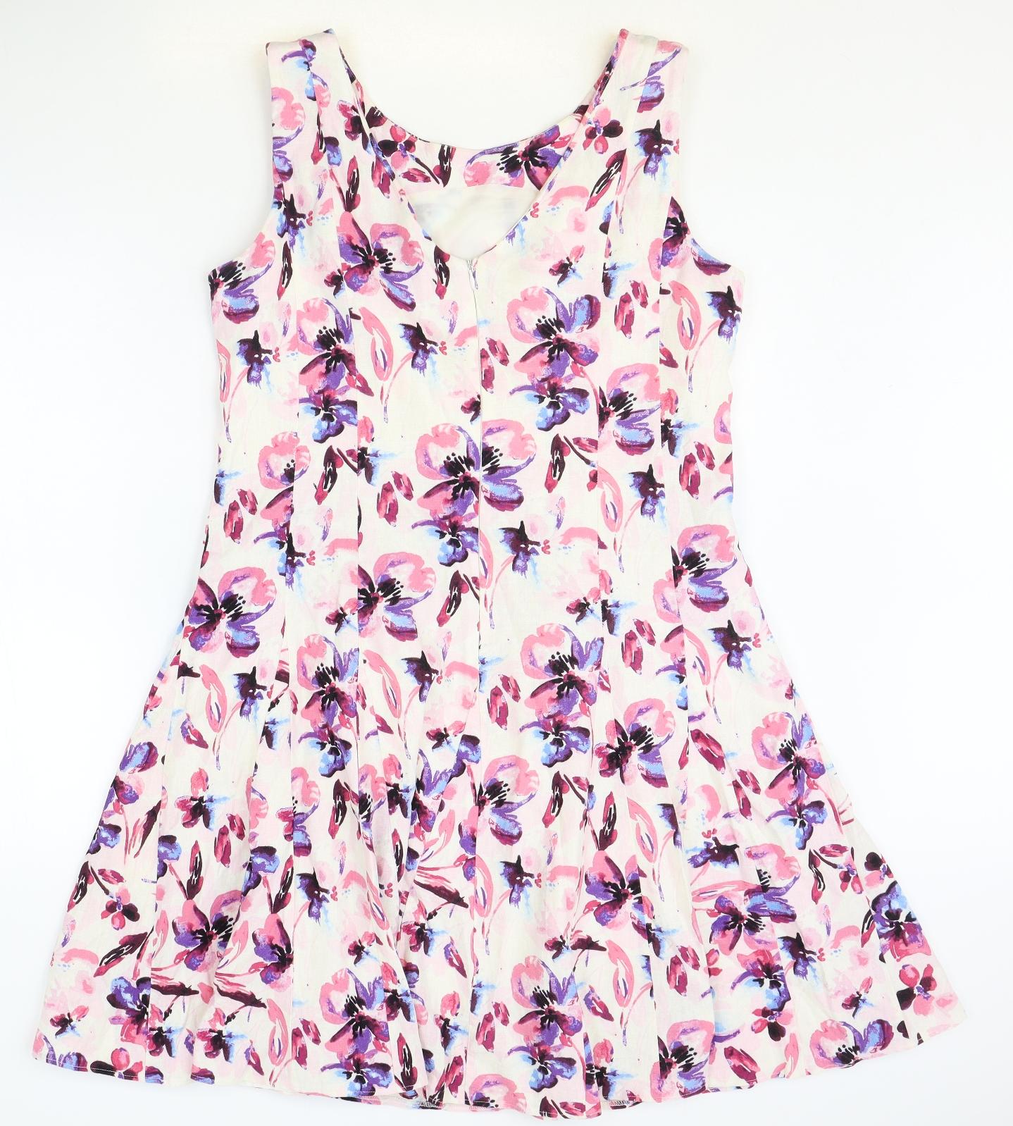 M&Co Womens Pink Floral Polyester Fit & Flare Size 14 Scoop Neck Zip