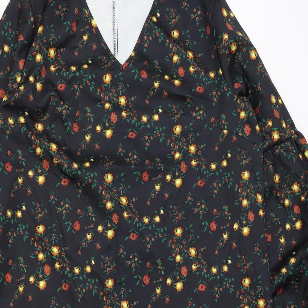 SheIn Womens Black Floral Polyester A-Line Size L V-Neck Pullover