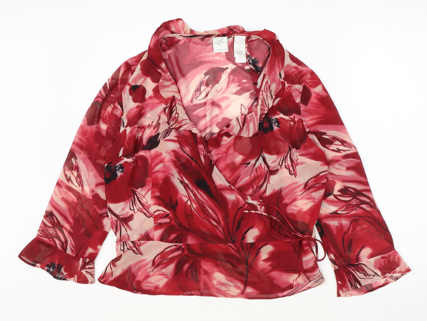 Emma James Womens Pink Floral Polyester Wrap Blouse Size 12 V-Neck