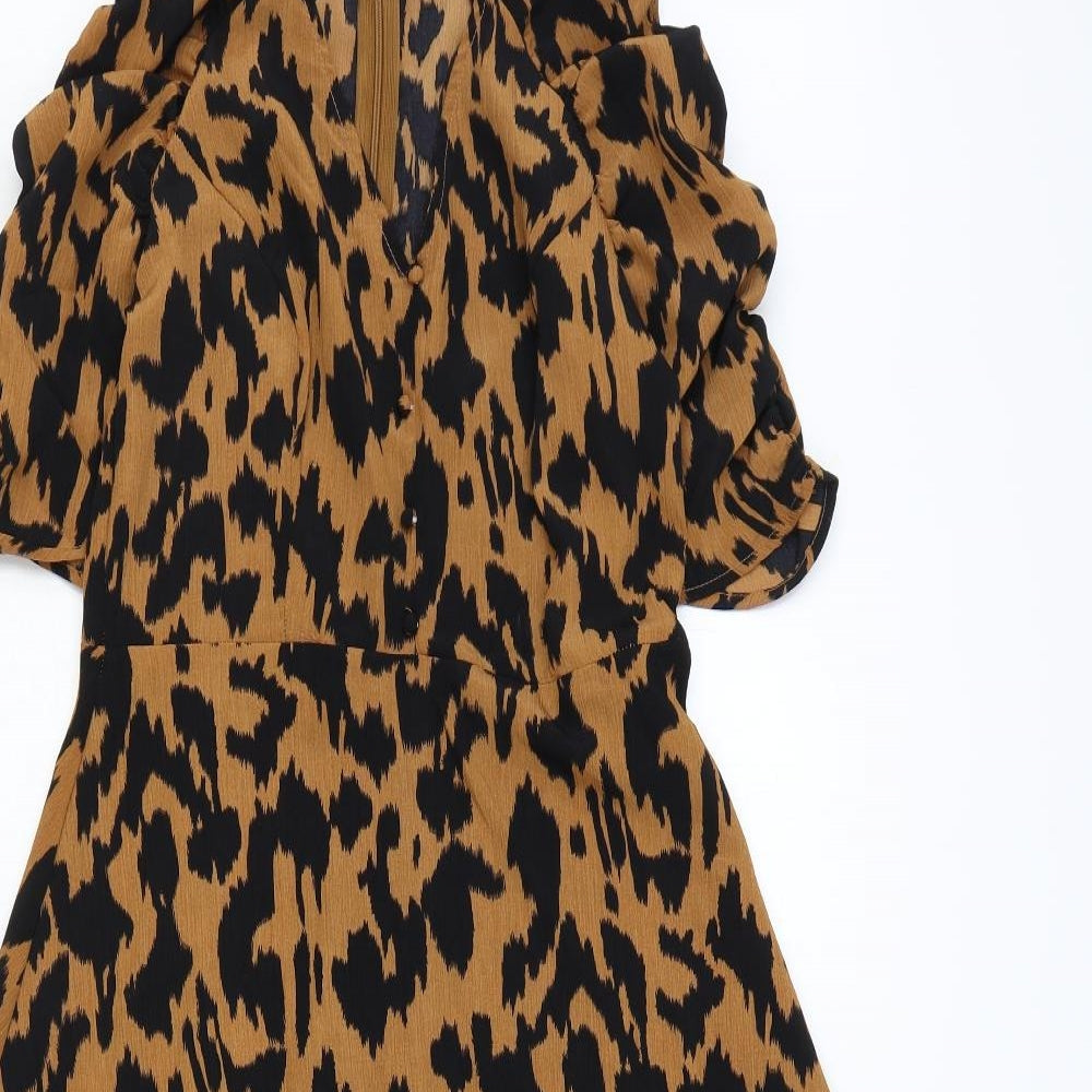 Quiz Womens Brown Animal Print Polyester Fit & Flare Size 10 V-Neck Button - Tiger Pattern