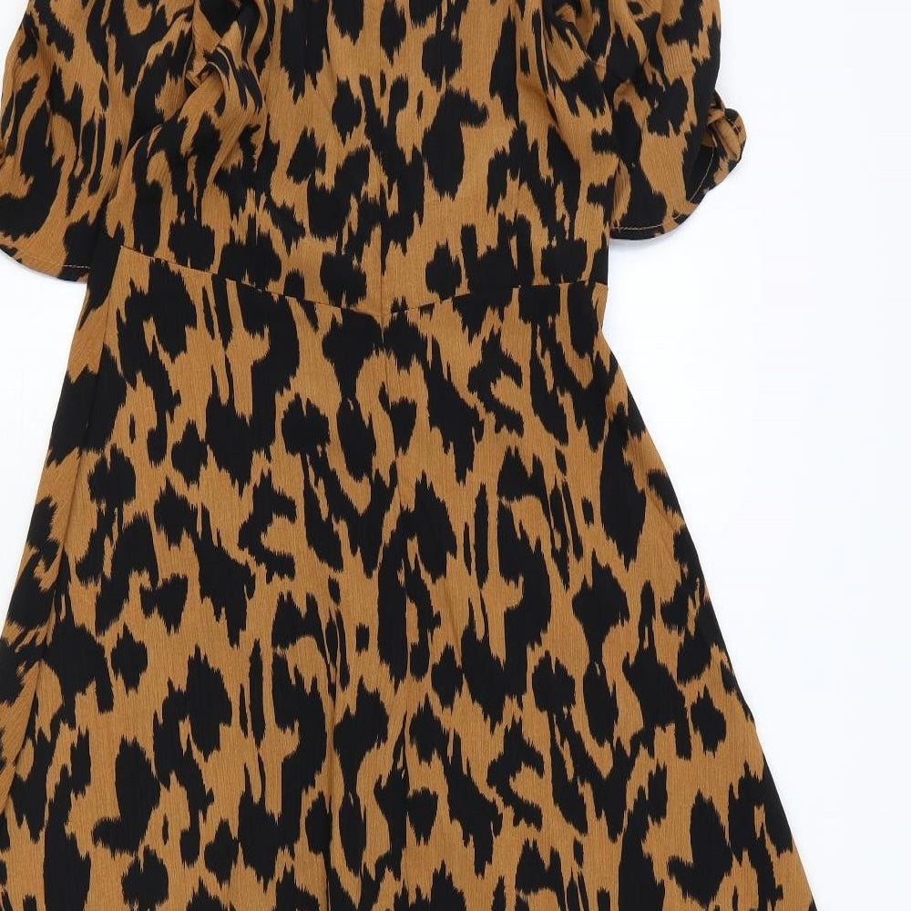 Quiz Womens Brown Animal Print Polyester Fit & Flare Size 10 V-Neck Button - Tiger Pattern