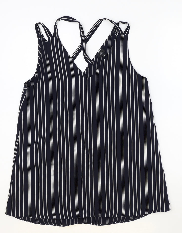 River Island Womens Blue Striped Polyester Basic Blouse Size 8 V-Neck