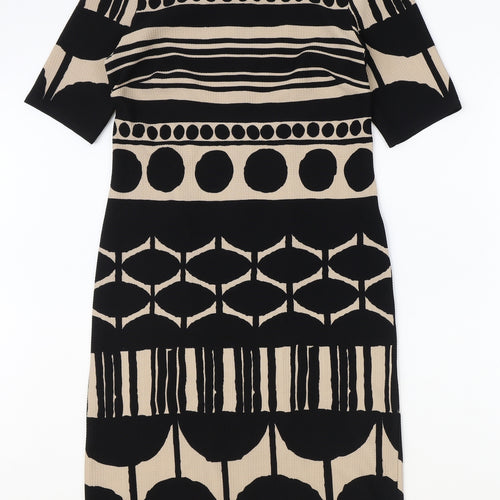 RMLL Womens Black Geometric Polyester A-Line Size 6 Round Neck Zip