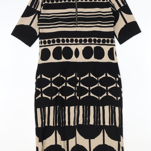 RMLL Womens Black Geometric Polyester A-Line Size 6 Round Neck Zip