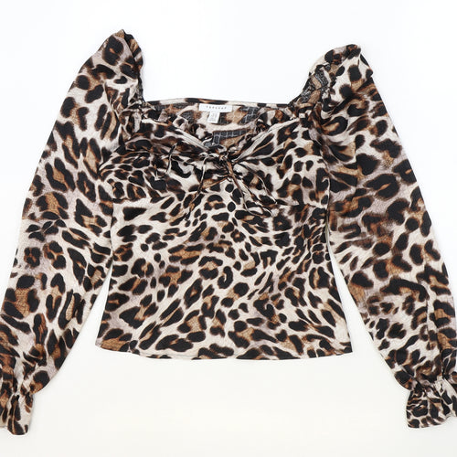 Topshop Womens Brown Animal Print Polyester Basic Blouse Size 8 Sweetheart