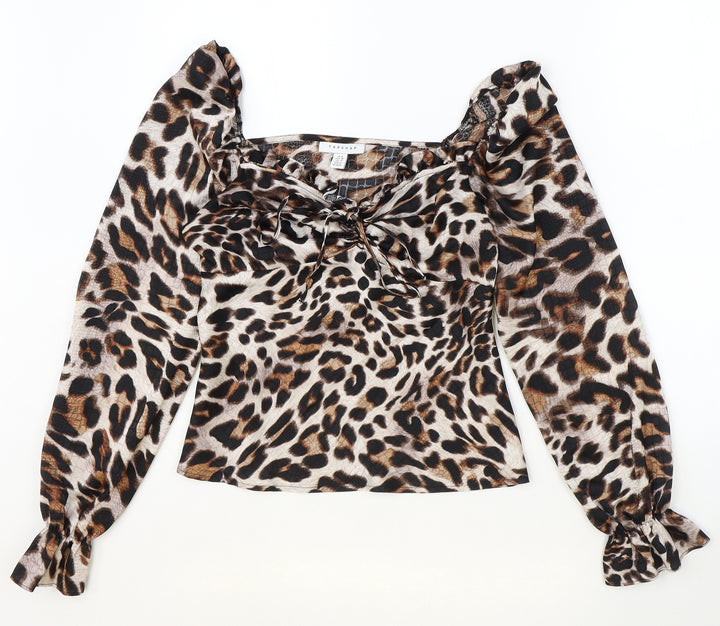 Topshop Womens Brown Animal Print Polyester Basic Blouse Size 8 Sweetheart