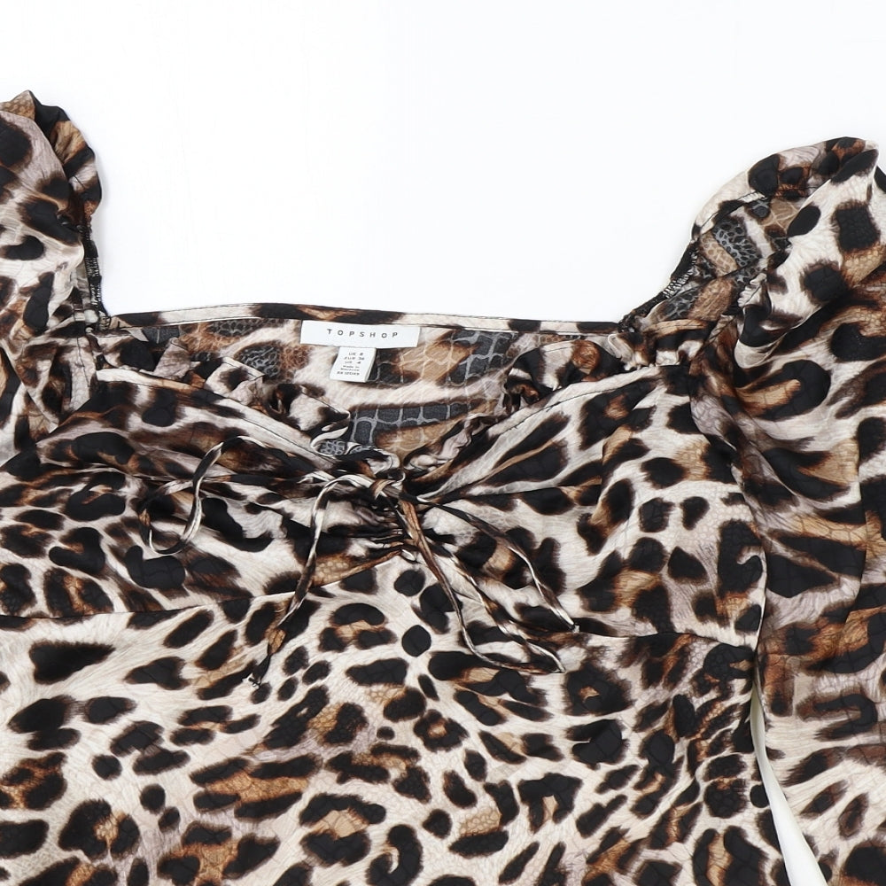 Topshop Womens Brown Animal Print Polyester Basic Blouse Size 8 Sweetheart