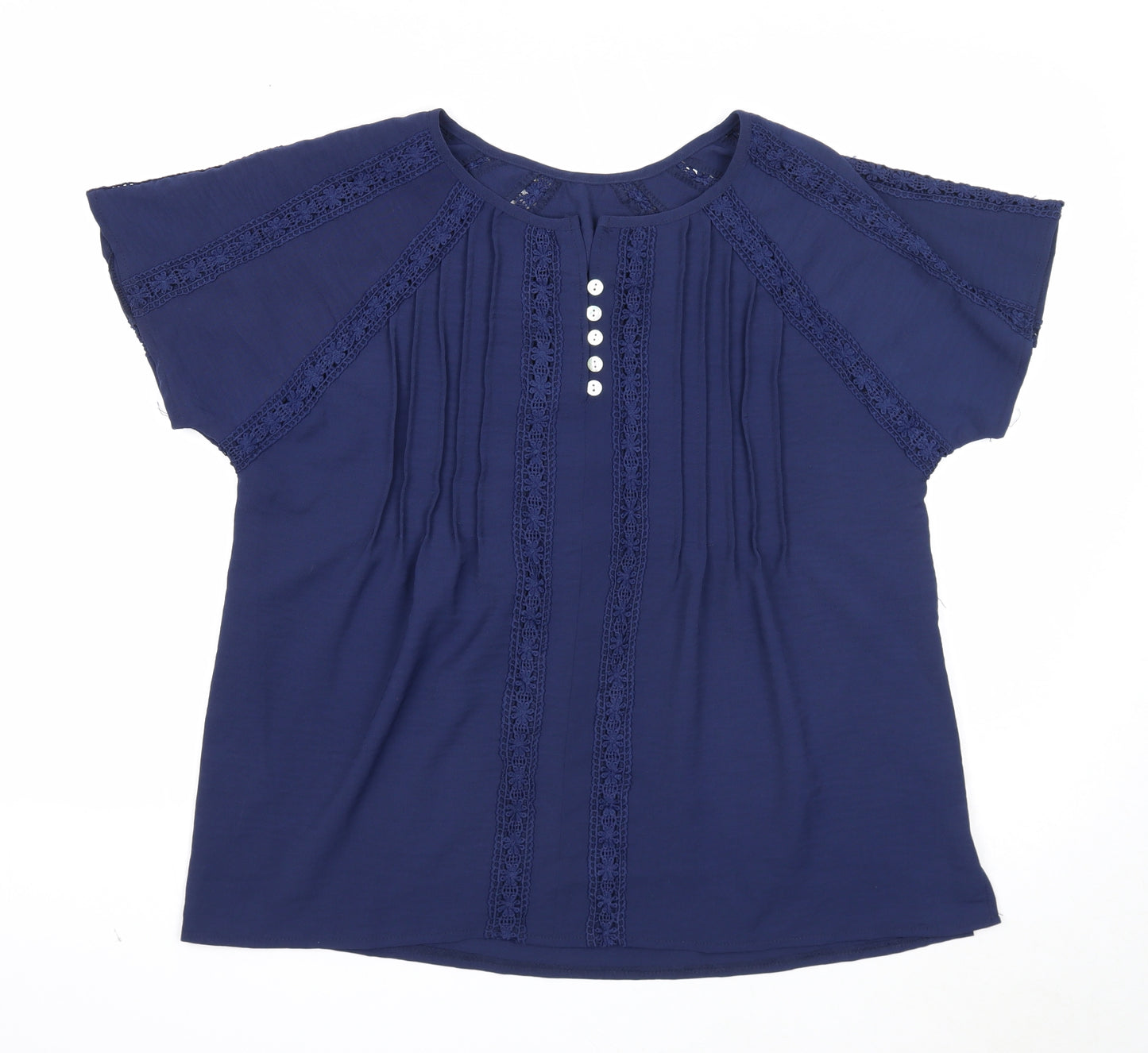 Preworn Womens Blue Polyester Basic T-Shirt Size M Scoop Neck - Lace Details