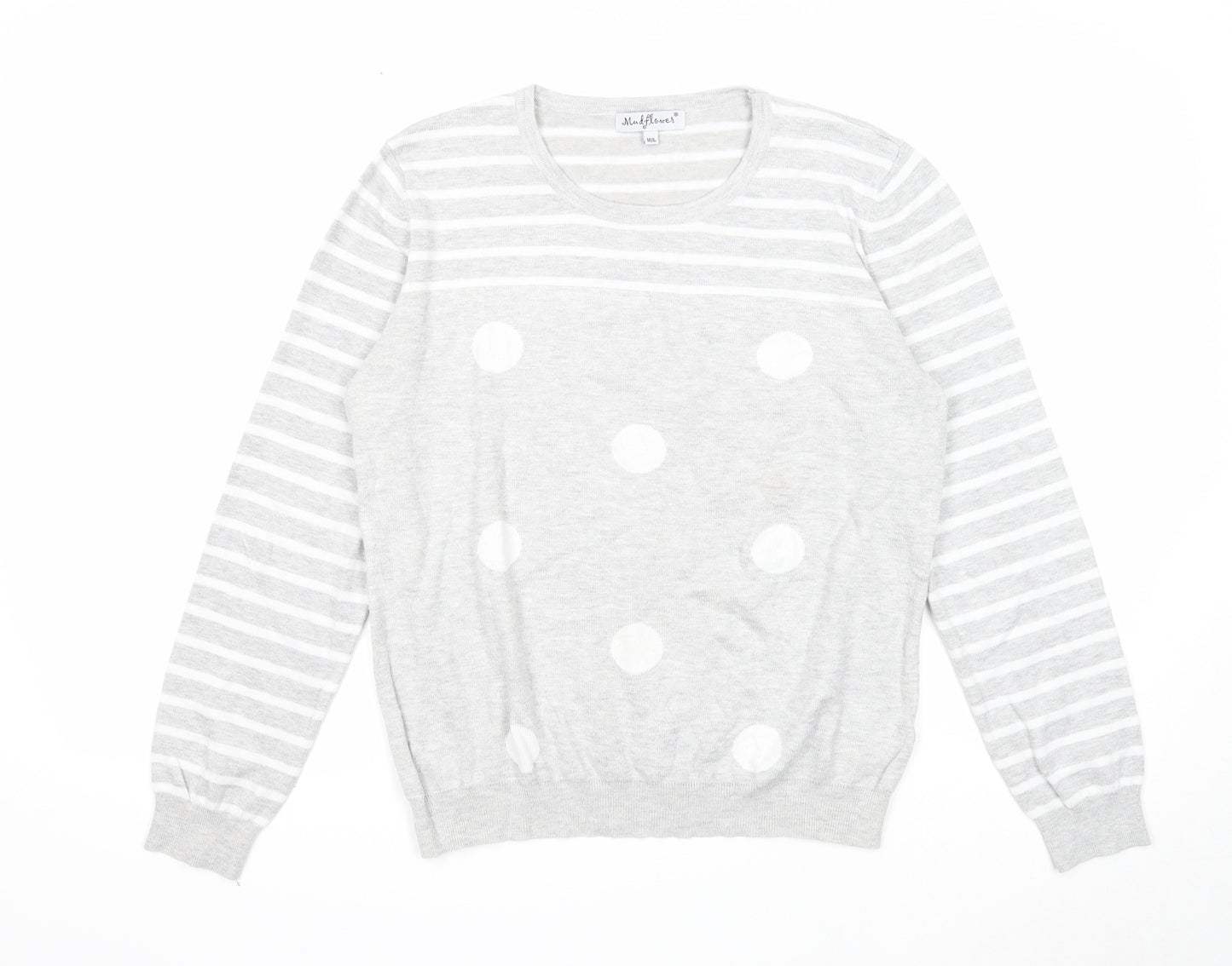 Mudflower Womens Grey Scoop Neck Striped Viscose Pullover Jumper Size M